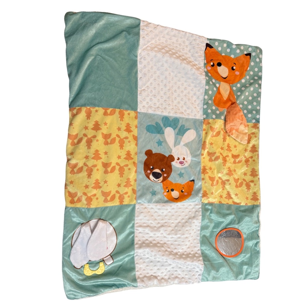 Woodland Animal Sensory Baby Blanket Mint Green Fox Bunny Sherpa Mirror Teether